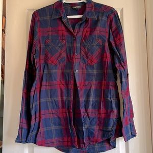 Express Flannel Shirt in dark blue, burgundy, and pink.
